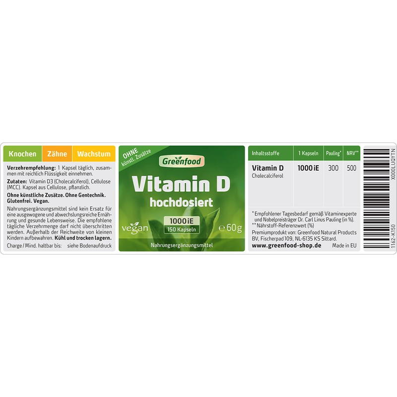 Greenfood Vitamin D, 1000 IU, High Dose, Vegi Capsules -