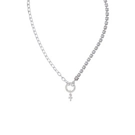 Delight Jewelry Silvertone Super Mini Simple Cross Stronger Braver Smarter Mixed Cable and Imitation Pearl Chain Choker Necklace, 14.75-17"