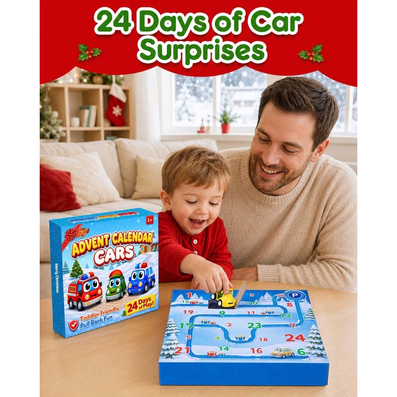 Car Advent Calendar 2026 for Toddlers, 24 Pull Back Vehicles