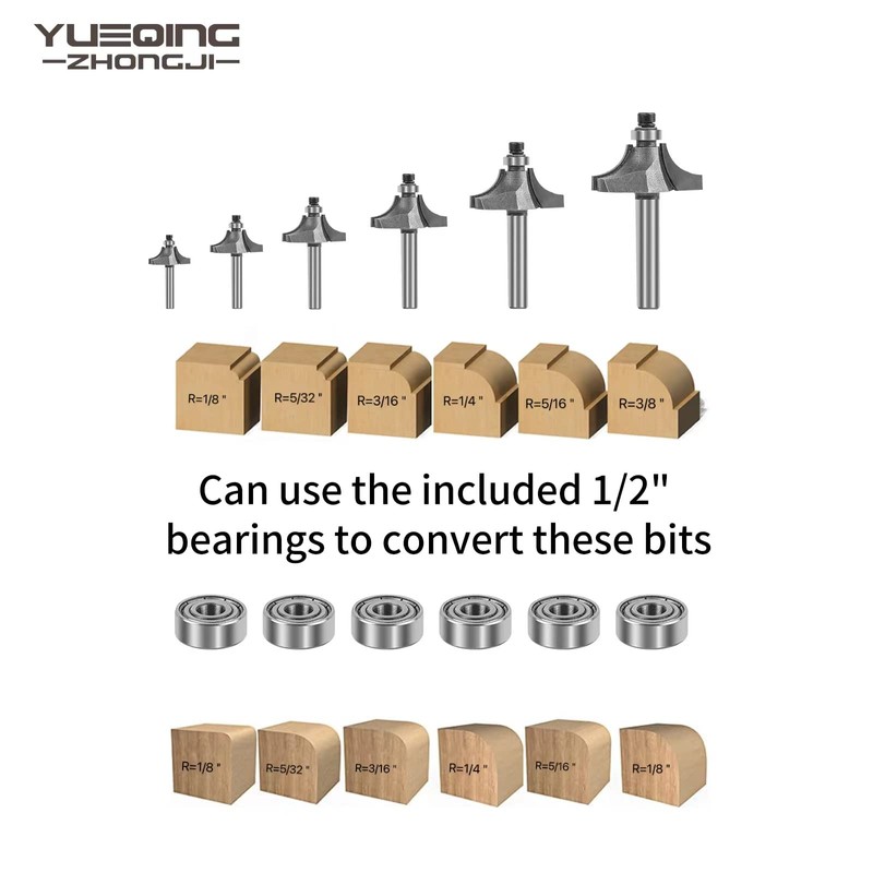 Yueqing Zhongji 6pcs Roundover Router Bits Set 1/4 Shank with