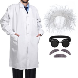 SATINIOR 6 Pieces Mad Scientist Costume Adult Back to the Future Doc Brown Costume Curly Wig Goggles Lab Coat Mad Scientist Outfit Accessories(Large)