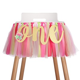Flamingo Highchair Banner Decoration for Baby - 1st First Birthday Banner, High Chair Fabric Garland Party Supplies, Red Yellow Green, Photo Props, Handmade