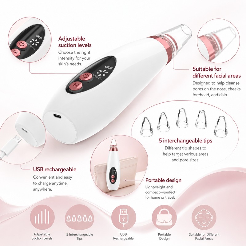 USB Rechargeable Blackhead Remover – Adjustable Suction Pore Vacuum Cleaner