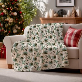 Horaldaily Christmas Flannel Blanket Throw, Holly Pine Cone Soft Fuzzy Plush Cozy Fleece Blankets for Couch Sofa Bed Lounging, Ideal Gifts for Kids Adults Wife Self, 50x60