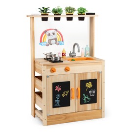 Costzon Mud Kitchen, Fir Wood Outdoor Play Kitchen with 4 Planting Pots, Stoves, Removable Sink, Acrylic Panel, Chalkboards & Accessories, Kids Kitchen Playset for Backyard Garden, Gift for Boys Girls