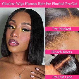Wear and Go Glueless Bob Wig Human Hair 4x4 Glueless Wigs Human Hair Pre Plucked Pre Cut Short Straight Bob Wig 180% Density Glueless Bob Wig HD Lace Closure Wig Human Hair for Women - Color: 4x4STbob, Size: 12inch