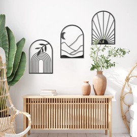 IcosaMro Boho Black Metal Wall Decor for Living Room Abstract Minimalist Bedroom Wall Art Modern 3D Wall Sculptures Black and White Framed Pictures, 3 Pack