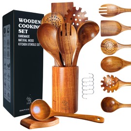 SILIN 8 Pcs Wooden Spoons for Cooking - Wooden Utensils Set for Nonstick Pans &Cookware - Wooden cooking utensils with Rest, Utensil Holder and Hooks - Non Toxic, and Heat Resistant Teak Wooden Spoons