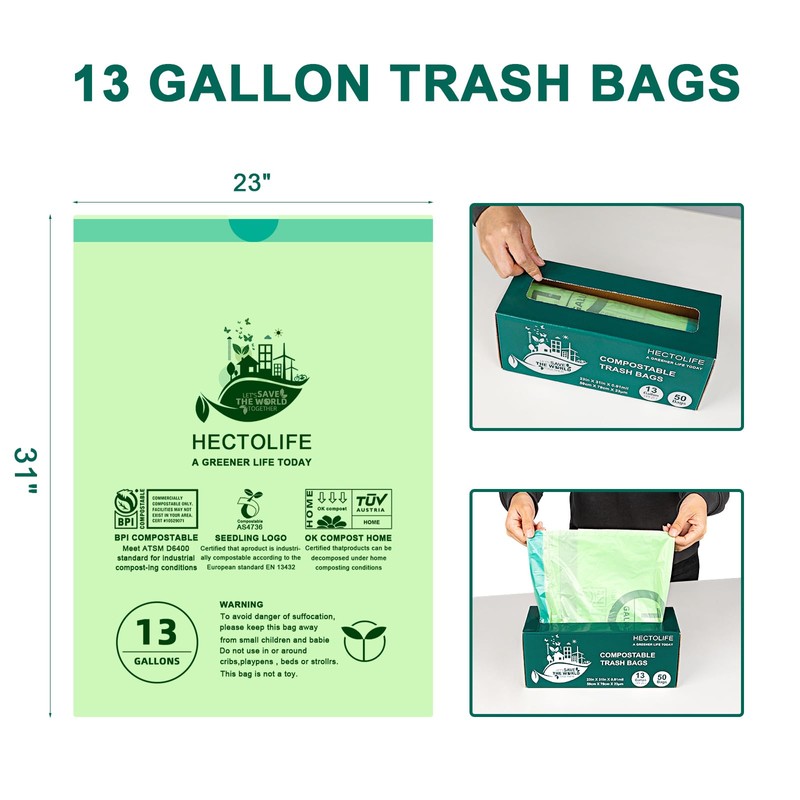13 Gallon,100 Count, Compostable Trash Bags with Drawstring,Tear Resistant Kitchen