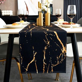 Jayusaror Table Runner Modern Autumn Black and Gold Linen Marble Golden Texture Abstract Art Washable Table Runner for Coffee Dining Room Dresser Side Table Bedroom 40 x 140 cm