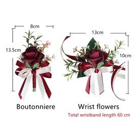 GracesDawn 2PCS Rose Flower Wrist Corsage Boutonniere Set Bride Hand Flower Men Boutonniere for Wedding Party Prom Decorations，Handmade Artificial Corsage Set (Wine Red Rose)