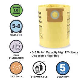 Shop-Vac 9067166, High Efficiency Disposable Collection Vacuum Filter Bags, Fits 5-8 Gallon Tanks, Yellow, 5 Pack
