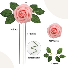 WANTMAZOR Artificial Flowers Pink Roses 100PCS Real Looking Foam Fake Roses with Leaves and for DIY Wedding Bouquets Bridal Shower Centerpieces Party Decorations (Pink)