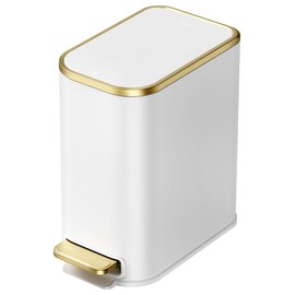 Cesun Small Bathroom Trash Can with Lid Soft Close, 5 Liter/1.3 Gallon Stainless Steel Garbage Can with Removable Inner Bucket, Step Pedal, Slim Waste Basket for Toilet, Office, Bedroom (White&Gold)