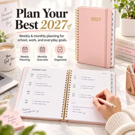 2027 A5 Weekly & Monthly Planner for School & Office – Spiral Agenda with Tabs, 80 Sheets & Leather Cover