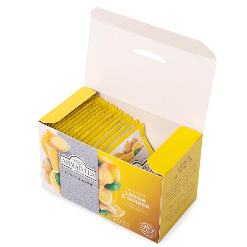Ahmad Tea Sachet Infusion Foil-Enveloped Teabags, Lemon and Ginger, 20
