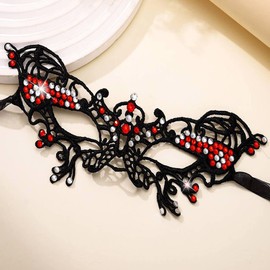 Aularso Rhinestone Masquerade Mask Black Lace Masquerade Ball Mask Venetian Beaded Eye Mask for Festival Cosplay (Red, One-Size)