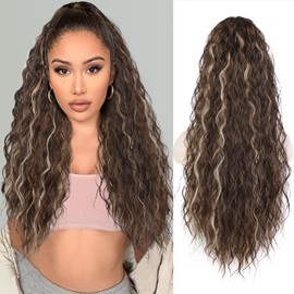QGZ Ponytail Extension 26 Inch Claw Clip in Ponytail Extensions Long Wavy Curly Fluffy Pony Tails Hair Extensions Synthetic Hairpieces for Women(Brown with Blonde Highlights)