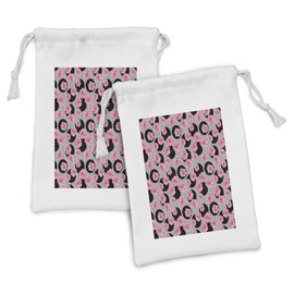 Lunarable Floral Fabric Pouch Set of 2, Romantic Rose Petals over Minimalist Circle and Stripes Modern Love Background, Small Drawstring Bag for Toiletries Masks and Favors, 9" x 6", Black White Pink