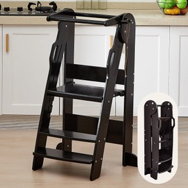FUNLIO 3-Level Height Adjustable Kitchen Step Stool, Foldable Toddler Tower for Kids 2-6 Years, Montessori Child Standing Tower, CPC & CE, Easy to Assemble, Black