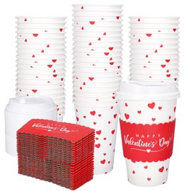 Whaline 50Pcs Valentine Disposable Coffee Cups With Lids And Sleeves Red Mini Love Heart Paper Drinking Cups For Wedding Anniversary Party Supplies