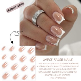 French False Nails Short, 24Pcs White French Fake Nails, Square Press on Nails Pattern, French Nail Tips with Nail Glue, Stick on Nails for Women Girls Nails Art