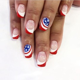 4th of July Press on Nails Medium Square French Tip Fake Nails Full Cover Glossy Glue on Nails Red Blue White False Nails with Star Designs USA Flag Acrylic Artificial Nails for Women Girls 24Pcs