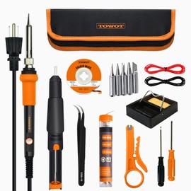 TOWOT Soldering Iron Kit, Electronic Soldering Iron 60W Adjustable Temperature, Deoldering Pump, Tin Wire, Solder Wick, Tweezers, Soldering Iron Tips Set, Soldering Iron Stand, Wire Strippers