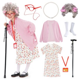 FAYBOX FAYBOX 9 pcs Old Lady Costume for Kids,100 Days of School Costume Old Lady Wig for Girls, Granny Grandma Dress Up