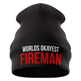 Purple Print House Worlds Okayest Fireman Hat - Beanie Hat - Workwear Gifts for Him - Winter Beanie Hat with a Fire Fighter Joke Embroidered On The Front, One Size, Black