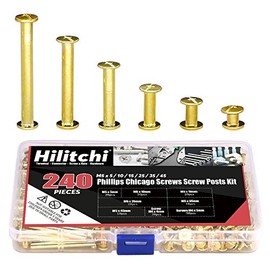 Hilitchi 120-Sets M5 x 5/10 / 15/25 / 35/45 Brass Plated Phillips Chicago Screw Posts Binding Screws Assortment Kit for Scrapbook Photo Albums Binding, Leather Repair - Gold