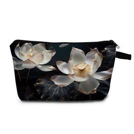 MoCaliduccious Lotus Makeup Bag Elegant Black Background Zen Inspired Cosmetic Pouch for Women Travel Toiletry Organizer Gift for Nature Lovers