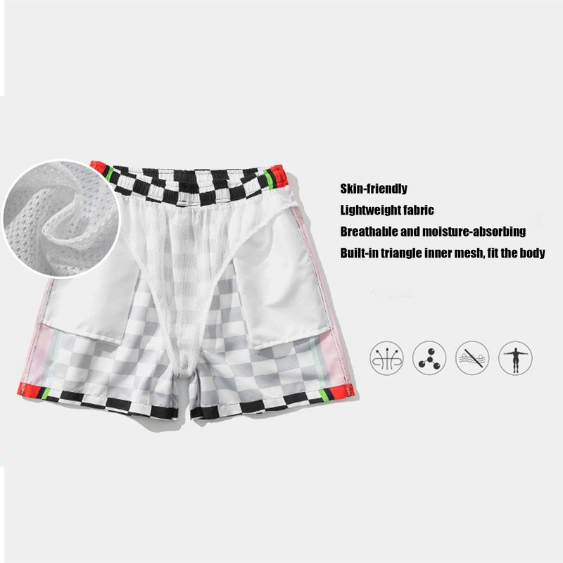 Summer Breathable Beach Shorts Men Black White Plaid Fashionable Casual