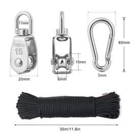 Pack of 12 M15 Pulley, 6 x M15 Pulley & 6 x Carabiner M4 with 30 m Nylon Rope, Stainless Steel Pulleys for Wire Ropes Ropes up to 6 mm Diameter, Load Capacity 35 kg Roll for Winch