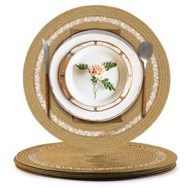 AHHFSMEI Round Paper and Jute Braided Placemats Set of 6 Non-Slip Heat Resistant Table Mats for Dining Tables Indoor & Outdoor Place mats for Daily Use(Brown,6)
