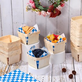 Thyle 60 Pcs/30 Sets One Pint Wood Berry Basket with Wax Paper Sheets 4 Inch Square Vented Wood Boxes Small Basket Container with Deli Paper for Gifts Fruit Picking Berry Camping (Plaid,Blue)