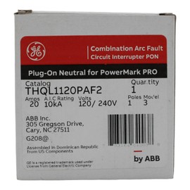 GE THQL1120PAF2 Combination Arc Fault Circuit Breaker PON Plug On Neutral 20 Amps 120/240 Volts AC 1 Pole 10 KA UL Listed