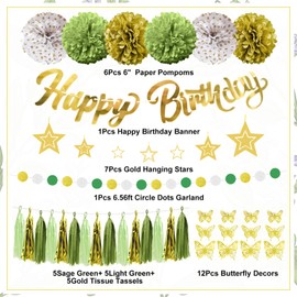 Sage Green Birthday Party Decorations for Women Girls,Olive Green Gold Balloons,Happy Birthday Banner,Fringe Curtain,3D Butterfly,Circle Dots Garland,Tissue Pompoms,Paper Tassel for Party Supplies