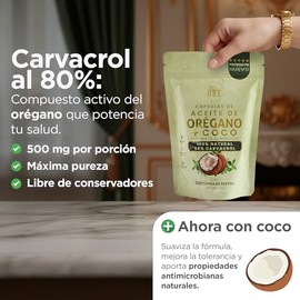 ORE - 300 Cápsulas ORE Aceite de Orégano 80% Carvacrol + 5% Timol con Aceite de Coco EV | 300 pzas 500 mg | Orgánico Silvestre | Softgels...