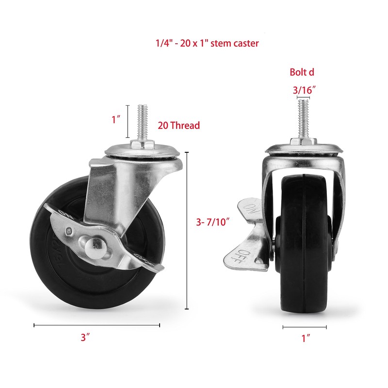 3 Inch Heavy Duty Caster Wheels, 1/4 inch Thread Stem,