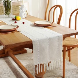 Chassic Rustic Farmhouse Style Linen Table Runner, Boho Handmade Fringe Braided Stripe Table Runners 72 Inches Long for Holiday Party, Wedding and Dining Decorations, 13 x 72 inch - Ivory