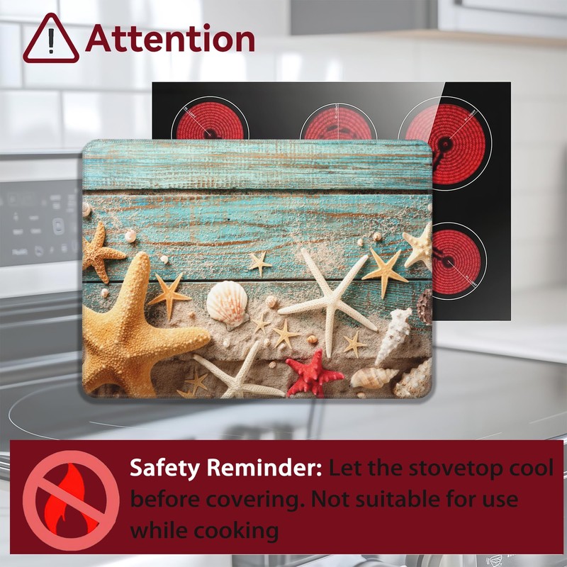 Beach Seashell Starfish Electric Stove Top Cover Protector,Blue Wooden Glass