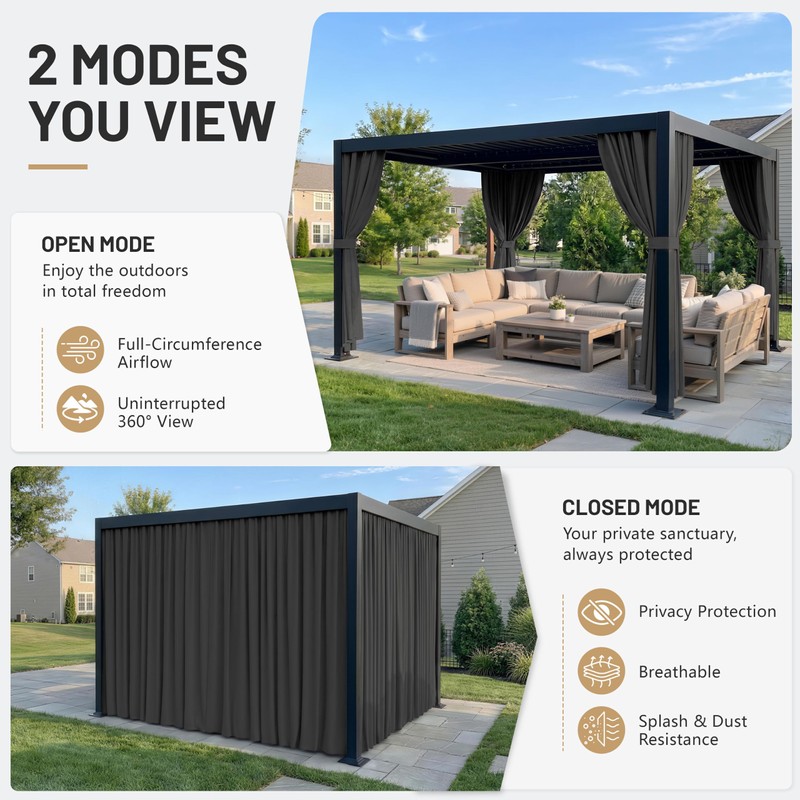 10'X12' Gazebo Curtains Outdoor Waterproof with Hanging Rings, 4-Panel Double