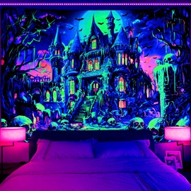 Sunshin Blacklight Halloween Tapestry UV Reactive Moon Castle Tapestries Trippy Skull Room Decor Black Light Gothic Posters Wall Hanging for Bedroom, Living Room(51.2 x 59.1 inches)
