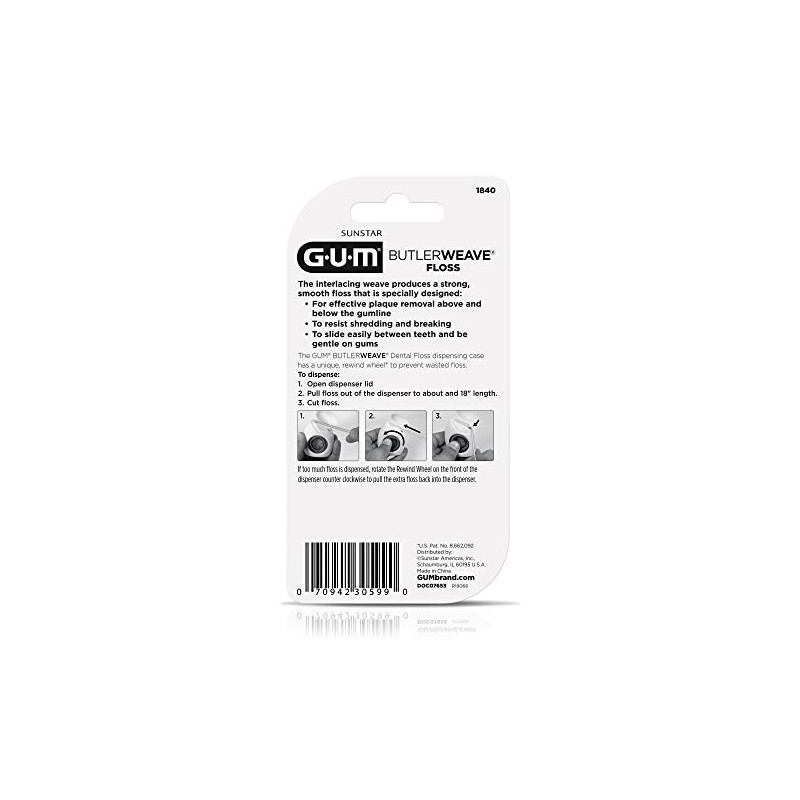 GUM - 1840B ButlerWeave Hilo dental encerado, dispensador rebobinable, menta,