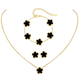 Myrnaist Shamrock Jewelry Set Flower Four Leaf Clover Necklace for Women Lucky Clover Bracelet Earrings for Girls 3 Pieces Clover Jewelry Flower Style Gift, Stainless Steel, 1