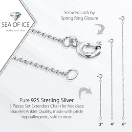 Sea of Ice Juego de 3 Piezas de Plata de Ley Collar Pulsera Tobillera Cadena Extensores para Collar, 2" 4" y 6" Plateado