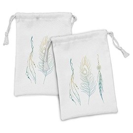 Ambesonne Peacock Fabric Pouch Set of 2, Aesthetic First Nations Feather and Peacock Tail Traditional Design Print, Small Drawstring Bag for Toiletries Masks and Favors, 9" x 6", Mint Green Yellow