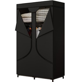 SUOERNUO Portable Wardrobe Closet Clothing Organizer with Dustproof Non-Woven Fabric 34 Inch Clothes Hanging Rack for Bedroom - Color: Black