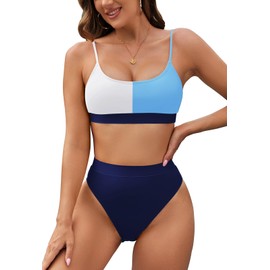 Pink Queen Women's High Waisted High Cut Cheeky 2 Piece Bikini Set Swimsuit Bathing Suit Blue S